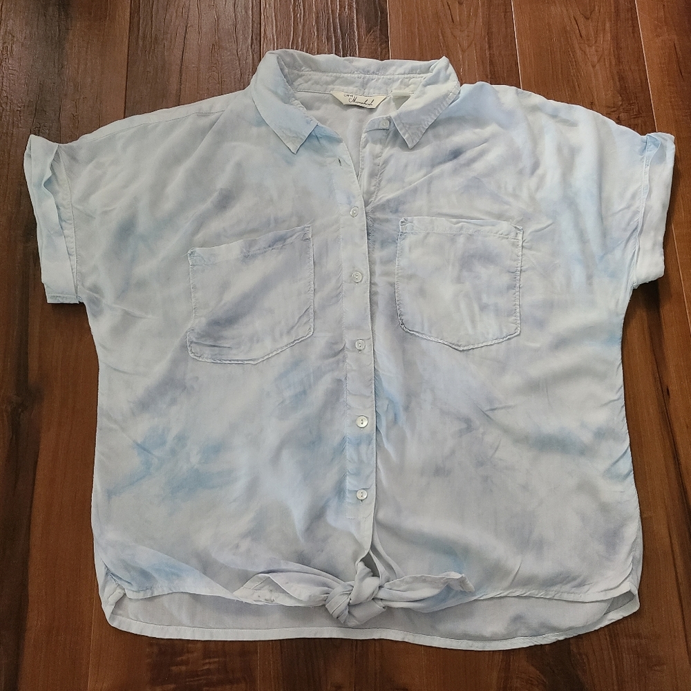 CAFFE Marrakesh Women’s Sz Med Multicolor Tie-dye 100% Rayon Pockets Tie Blouse.
